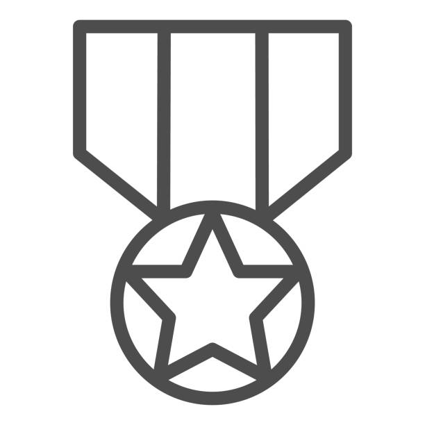 메달 선 아이콘입니다. 육군 보상, 명예 상징의 군인 스타, 흰색 배경에 윤곽 스타일 그림. 모바일 개념 및 웹 디자인에 대한 군사 기호. 벡터 그래픽. - medal star shape war award stock illustrations