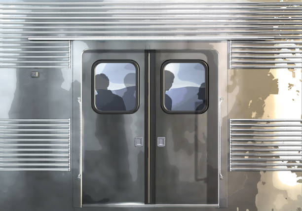 Subway car close-up with doors and people silhouettes inside.. Side view.