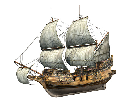 Golden Hind galleon. 3d illustration. Side perspective view on white background. Clipping path included.