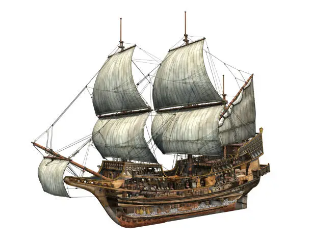 Golden Hind galleon, very detailed cutaway 3d illustration. On white background. Clipping path included.