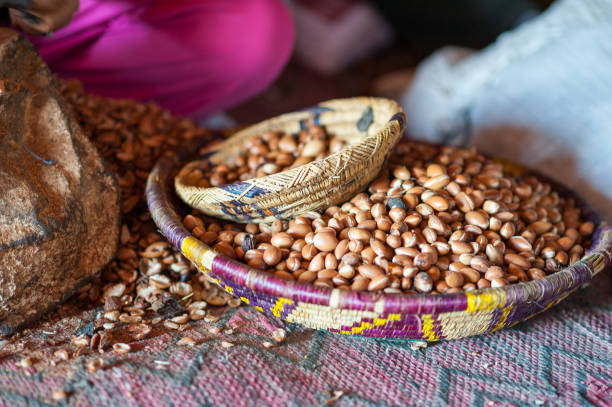 argan nuts  in baskets - arbeit imagens e fotografias de stock