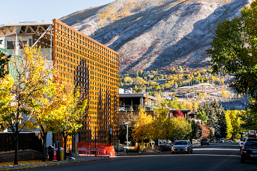Aspen, USA - October 11, 2019: Small town in Colorado with modern architecture on street in luxury expensive famous city during autumn day