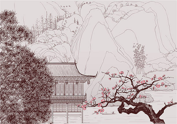 Drawing of a Chinese landscape with blooming pink flowers Vector illustration of a Chinese landscape in the style of old chinese painting japanese landscape stock illustrations