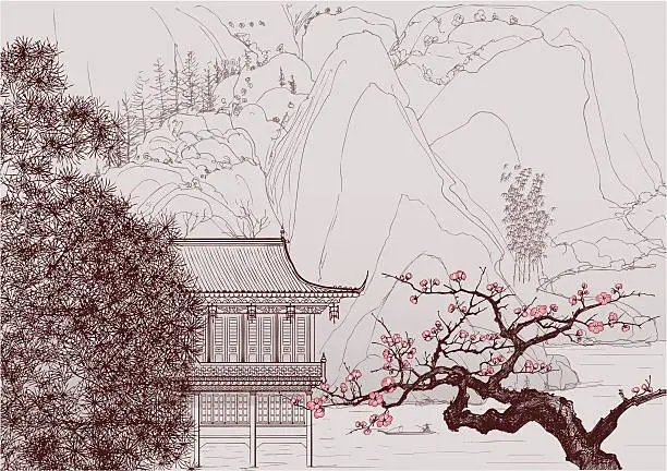 Vector illustration of Drawing of a Chinese landscape with blooming pink flowers