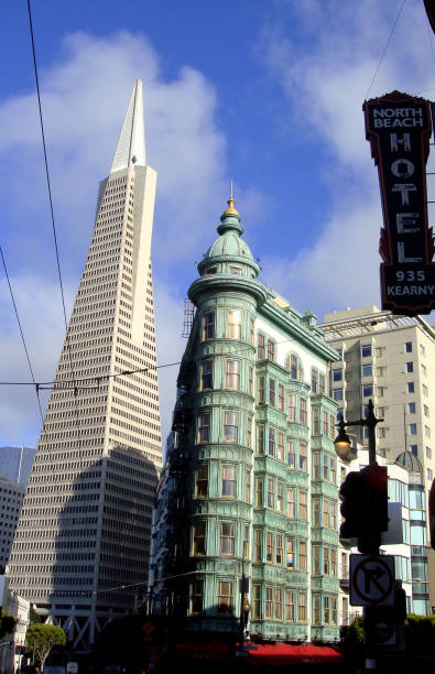 San Francisco, California, USA - February 18, 2017: This view of the City from Chinatown looking down to the Financial district shows a vast variety of signs and pictures and unique San Francisco style architecture and on this February day under a cloudy sky it looked exciting.