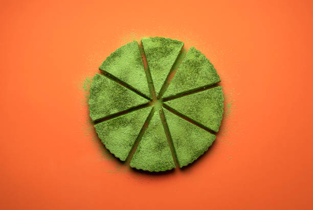 istock Matcha cheesecake slice tart. Green cake slices equally 1212803398