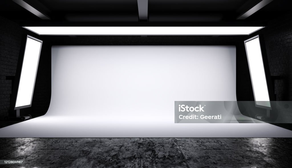Innenraum der Fotostudiobeleuchtung mit weißer Kulisse im dunklen Raum, 3D-Rendering - Lizenzfrei Studioaufnahme Stock-Foto