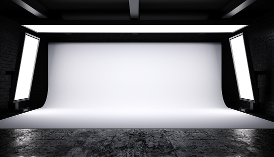 Interior de la iluminación del estudio fotográfico configurado con telón de fondo blanco en habitación oscura, renderizado 3D photo