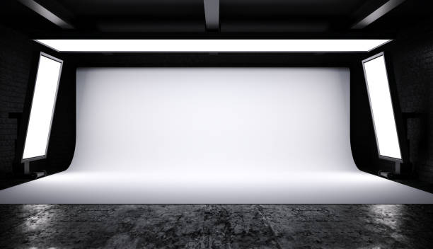 interior de la iluminación del estudio fotográfico configurado con telón de fondo blanco en habitación oscura, renderizado 3d - encender fotos fotografías e imágenes de stock