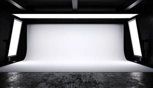Interior of Photo studio lighting set up with white backdrop in dark room, 3D Rendering