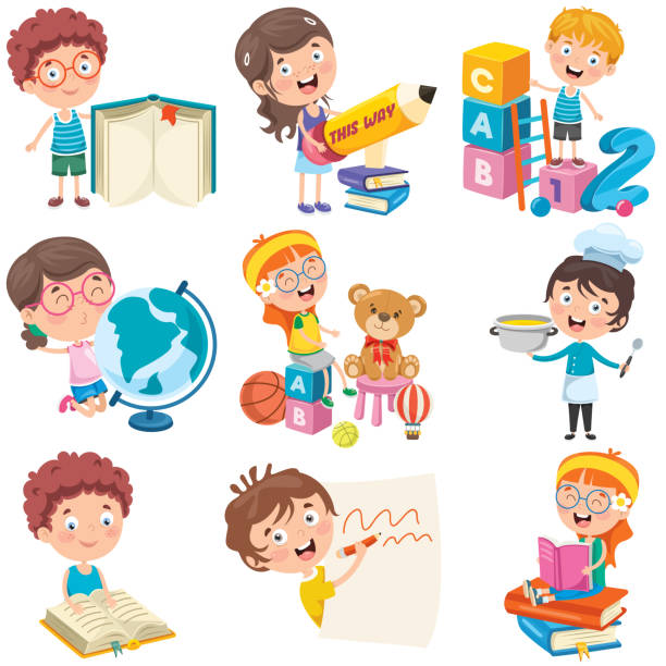 Cartoon Characters Doing Various Activities Stock Illustration - Download  Image Now - Writing - Activity, Toy, Classroom - iStock