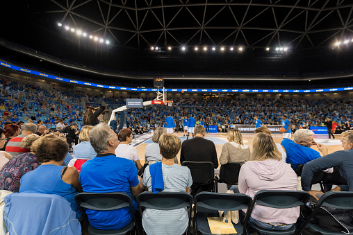 Elevated view of spectators watching basketball match in Arena Stozice, Ljubljana, Slovenia.