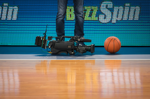 Basketball beside camera on court at Arena Stozice, Ljubljana, Slovenia.