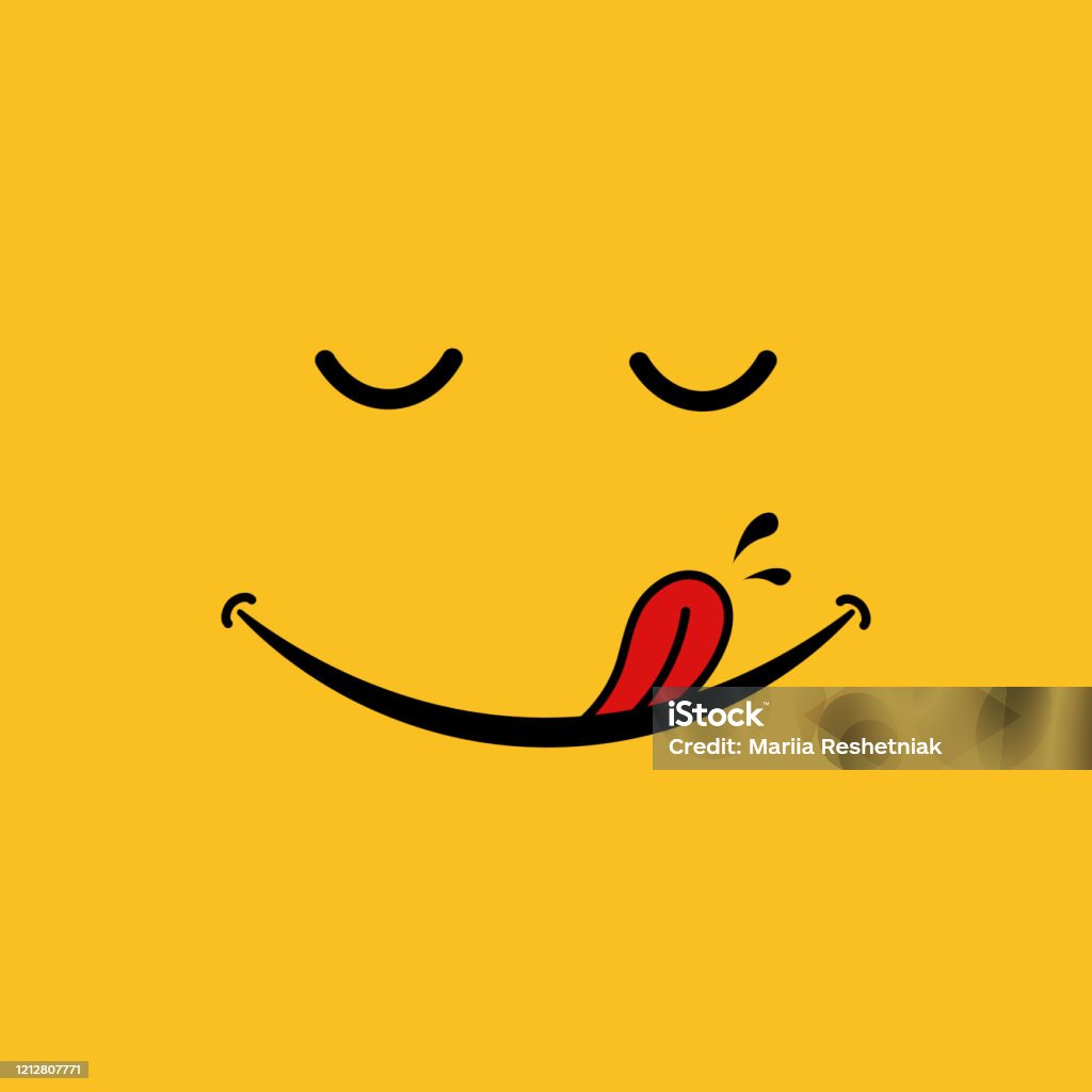 Smile Icon On Yellow Background Tasty Food Logo With Funny Face And Tongue  Cartoon Emoticon Banner For Print Happy Smiley Line Tongue Licks Mouth  Concept Of Delicious Food Vector Illustration Stock Illustration -