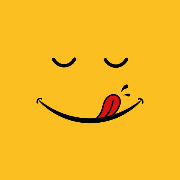 Smile Icon On Yellow Background Tasty Food Logo With Funny Face And Tongue  Cartoon Emoticon Banner For Print Happy Smiley Line Tongue Licks Mouth  Concept Of Delicious Food Vector Illustration Stock Illustration -