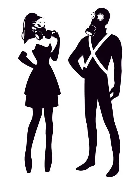 Vector illustration of Cyber goth girl and boy wearing a respirator and a gas mask, gothic subculture black and white vector illustration.