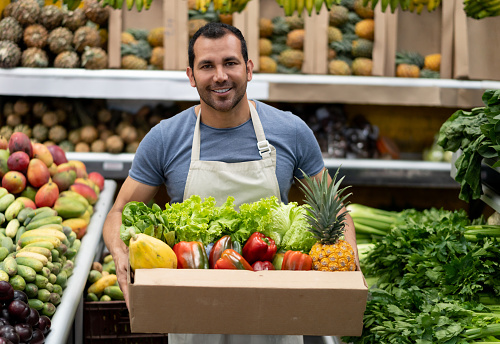 Portrait of handsome worker at a farmer's market holding products in cardboard box while facing camera smiling very happy