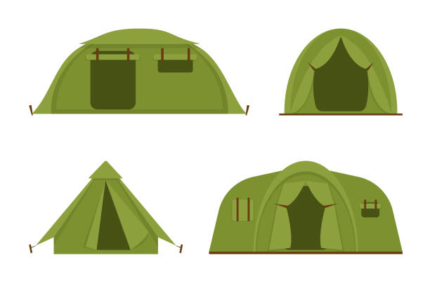 ilustraciones, imágenes clip art, dibujos animados e iconos de stock de tiendas de campaña de campamentos turísticos aisladas sobre fondo blanco. senderismo y camping tiendas de campaña iconos vectoriales ilustración. - tent camping dome tent single object
