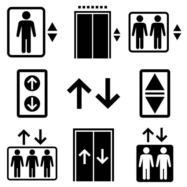 엘리베이터 세트 아이콘, 흰색 배경에 격리 �된 로고 - moving down symbol computer icon people stock illustrations