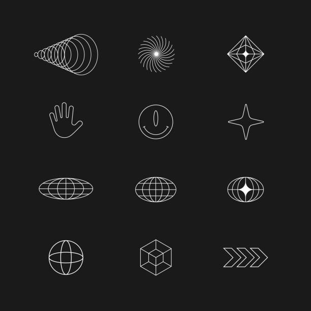 абстрактные геометрические фигуры, элементы. брутализм, техно стиль для вашего дизайна. векторные абстрактные символы - conceptual symbol stock illustrations