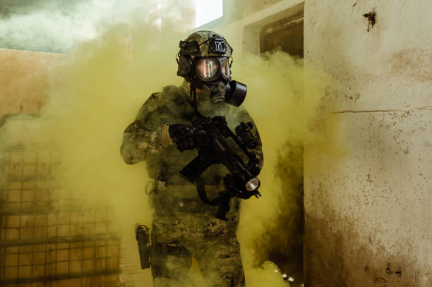 istock Soldier with gas mask 1212815386