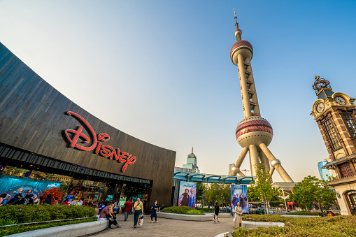 This is the Disney store with the Oriental Pearl Tower in the Lujiazui financial district on October 30, 2019 in Shanghai