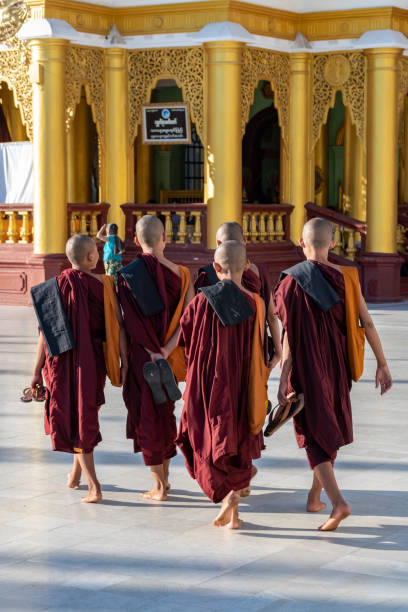 novice burmese monks walking at shwedagon paya, yangon - paya imagens e fotografias de stock