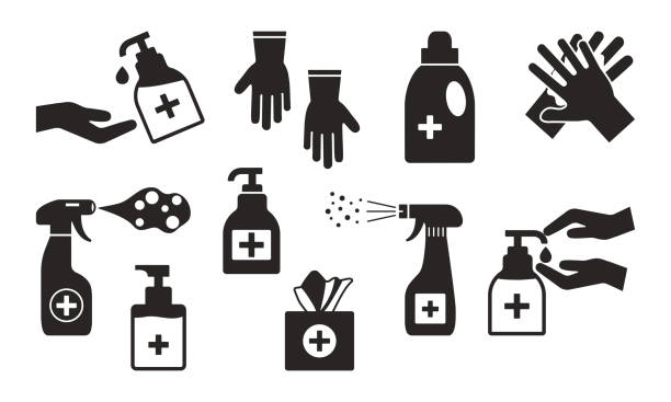 Disinfection. Hand hygiene. Set of hand sanitizer bottles, washing gel, spray, wet wipes, liquid soap, rubber gloves, napkins. Black icons. Vector Disinfection. Hand hygiene. Set of hand sanitizer bottles, washing gel, spray, wet wipes, liquid soap, rubber gloves, napkins. Black icons. Vector illustration antiseptic stock illustrations