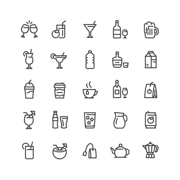 ilustraciones, imágenes clip art, dibujos animados e iconos de stock de conjunto de iconos de línea de alcohol, cócteles y bebidas - wineglass symbol coffee cup cocktail