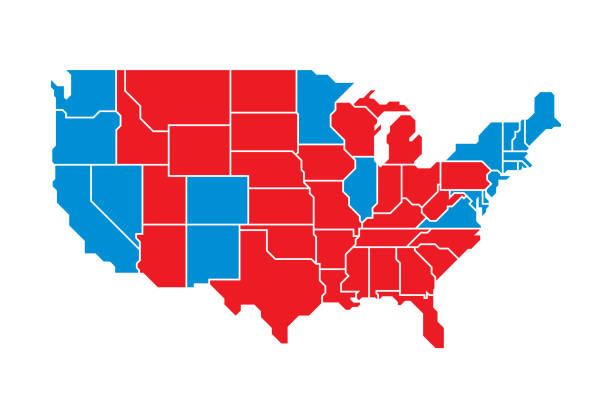 USA Map Flat Vector illustration of a red and blue election United States map against a white background in flat style. blue map united states stock illustrations