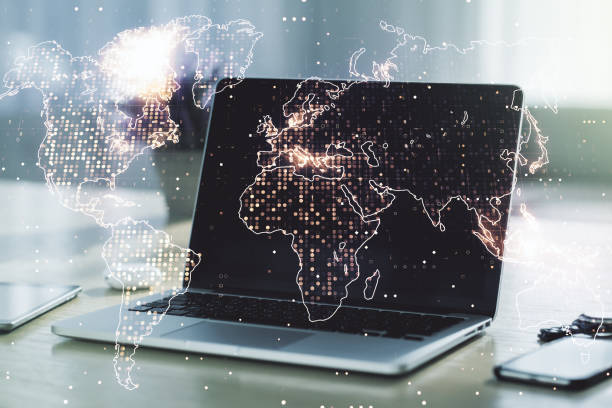 istock Double exposure of abstract digital world map on computer background, big data and blockchain concept 1212820025