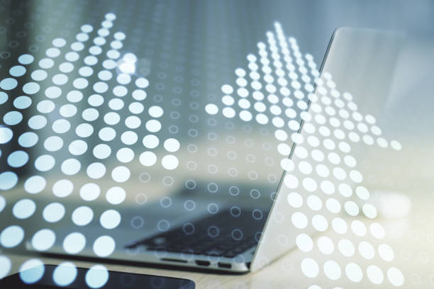 istock Creative abstract upward arrows hologram on modern computer background, leadership and motivation concept. Multiexposure 1212820058