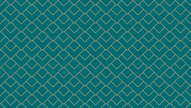 Vector illustration of Vintage style art deco geometric pattern with overlapping golden squares on turquoise background. Retro geometric abstract line vector seamless pattern.