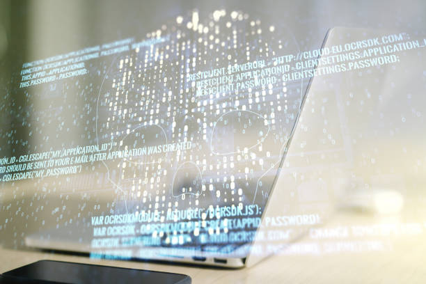 istock Creative concept of code skull illustration on modern laptop background. Hacking and phishing concept. Multiexposure 1212820114