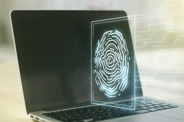 istock Double exposure of abstract creative fingerprint hologram on computer background, protection of personal information concept 1212820729