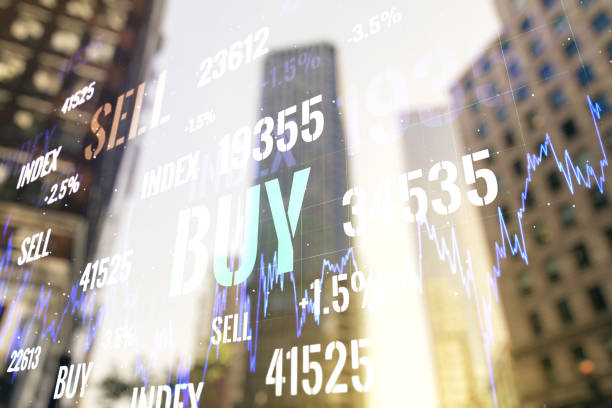 istock Double exposure of abstract financial graph on office buildings background, forex and investment concept 1212820811