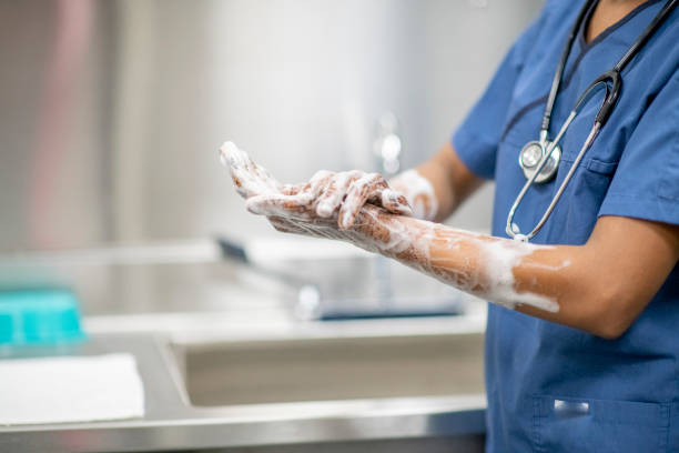 Medical Personnel Hand Washing Dressed in Medical Scrubs stock photo Female medical personnel scrubs hands and arms with disinfectant soap during the Covid-19 outbreak. She is dressed in blue scrubs with a stethoscope around her neck. prevention stock pictures, royalty-free photos & images