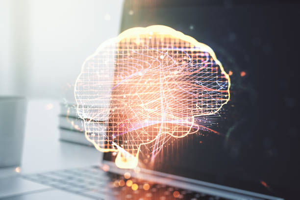 istock Creative artificial Intelligence concept with human brain hologram on modern laptop background. Multiexposure 1212821511
