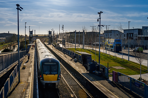 Dublin transportation hub for tram, train and bus in Broombridge station, illustrates lower number of commuters during epidemics Covid 19, coronavirus