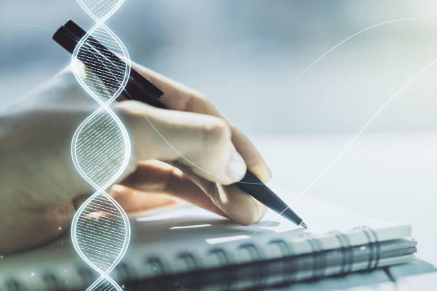 istock Creative concept with DNA symbol illustration and woman hand writing in notebook on background. Genome research concept. Multiexposure 1212822280