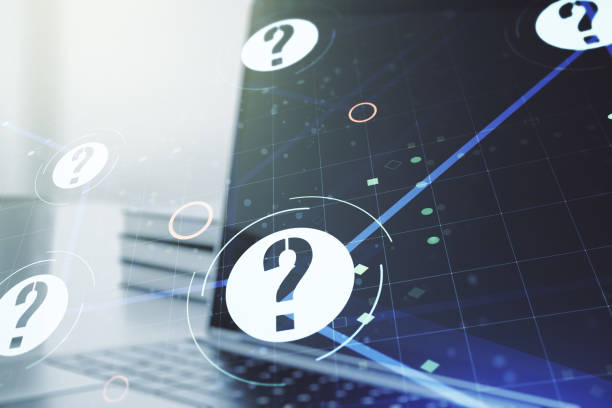 istock Creative concept of question mark illustration on modern laptop background. FAQ and search concept. Multiexposure 1212822328
