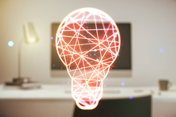 istock Creative idea concept with light bulb illustration on modern laptop background. Multiexposure 1212822368