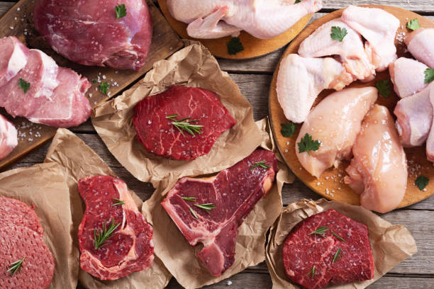 surtido de carnes y mariscos - carne fotografías e imágenes de stock