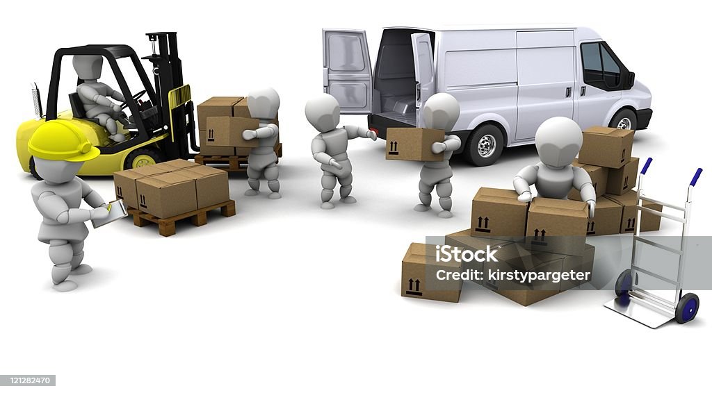 Men loading boxes onto a van 3D render of men loading a white van with boxes Box - Container Stock Photo