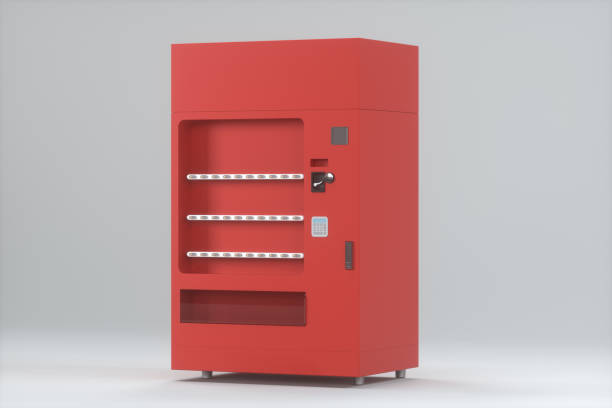 le modèle rouge du distributeur automatique avec le fond blanc, le rendu 3d. - distributeur automatique photos et images de collection