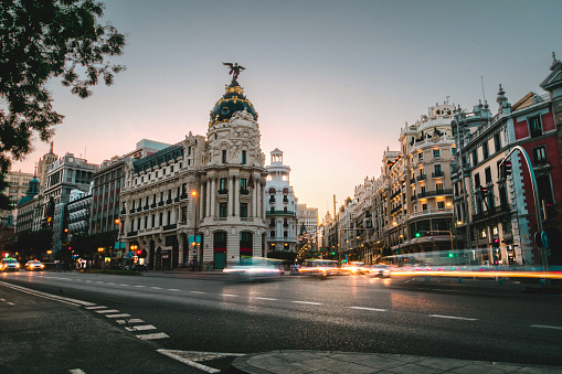 Madrid, paisaje urbano en la calle de Alcalá y Gran Vía al atardecer con semáforos. El centro de la ciudad. España photo