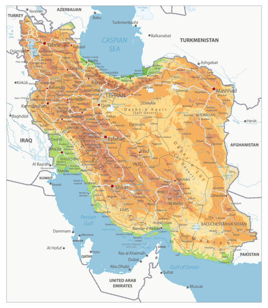 высоко детализированная физическая карта ирана - iran stock illustrations