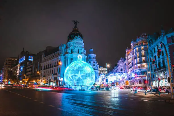 Photo of Christmas decorations in Gran Via, Madrid, Spain at night