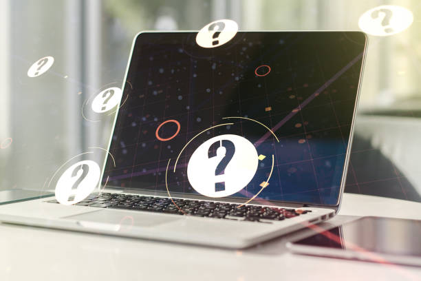 istock Creative abstract question mark sketch on modern laptop background, FAQ and research concept. Double exposure 1212832756