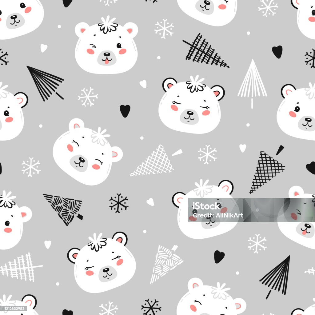 Vector Christmas Seamless Pattern With Polar Bear Heads Christmas Trees And  Snowflakes Little Baby White Teddy Bear Face And Winter Forest Background  New Year Holiday Wallpaper With Kawaii Animals Stock Illustration -